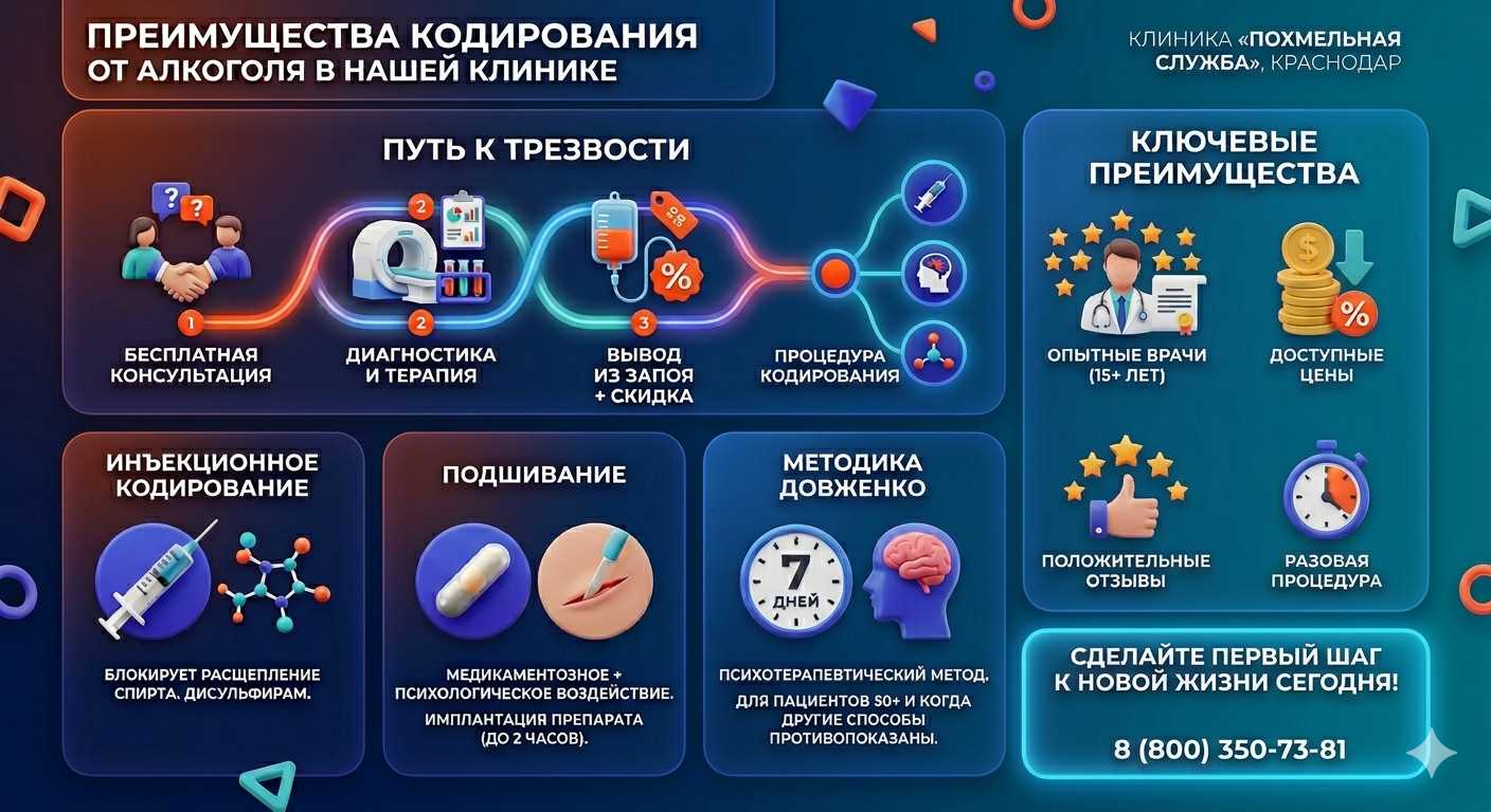 Инфографика о методах кодирования от алкоголя в Узловой: инъекции, подшивание, метод Довженко. Преимущества клиники и этапы лечения.