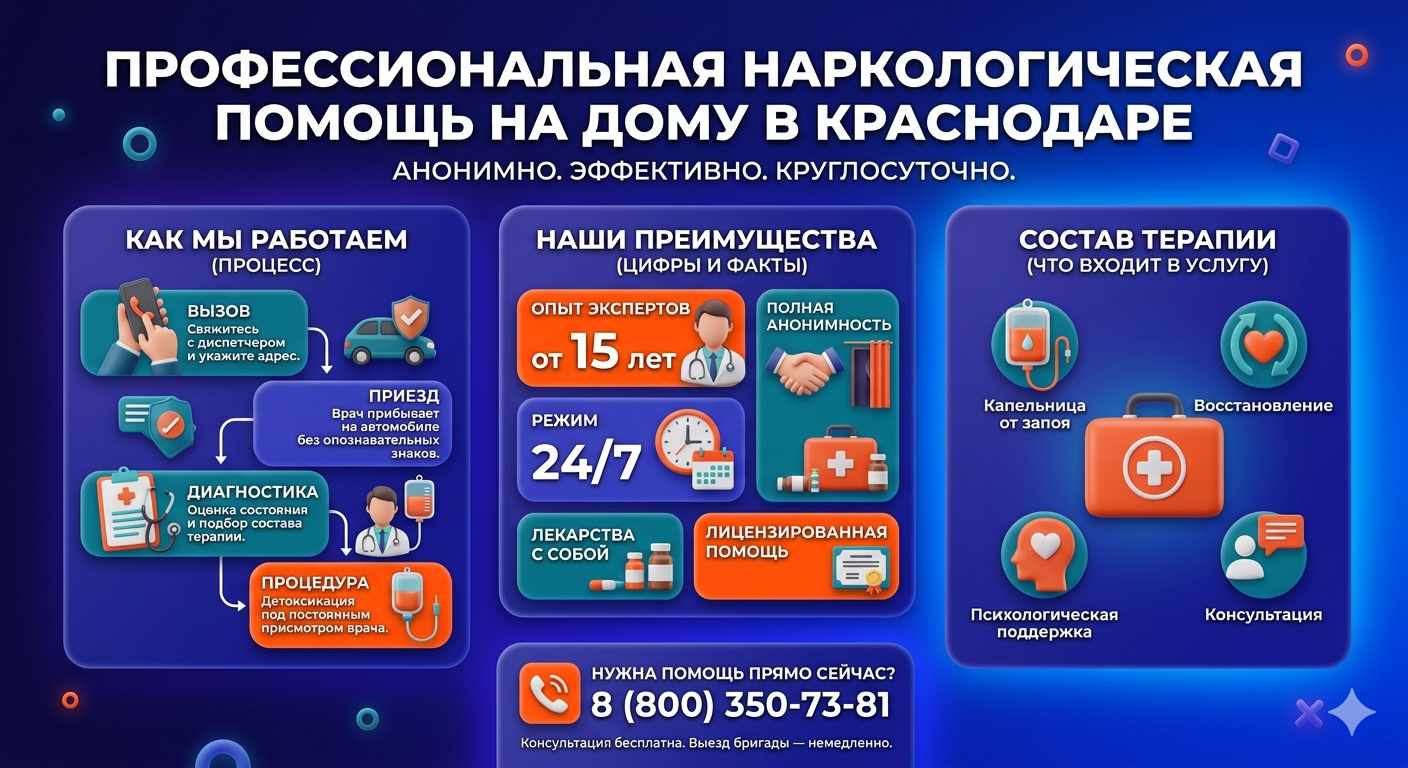 Инфографика о принципах лечения алкоголизма на дому в Узловой: этапы вызова нарколога, преимущества анонимной детоксикации и состав медицинской помощи.